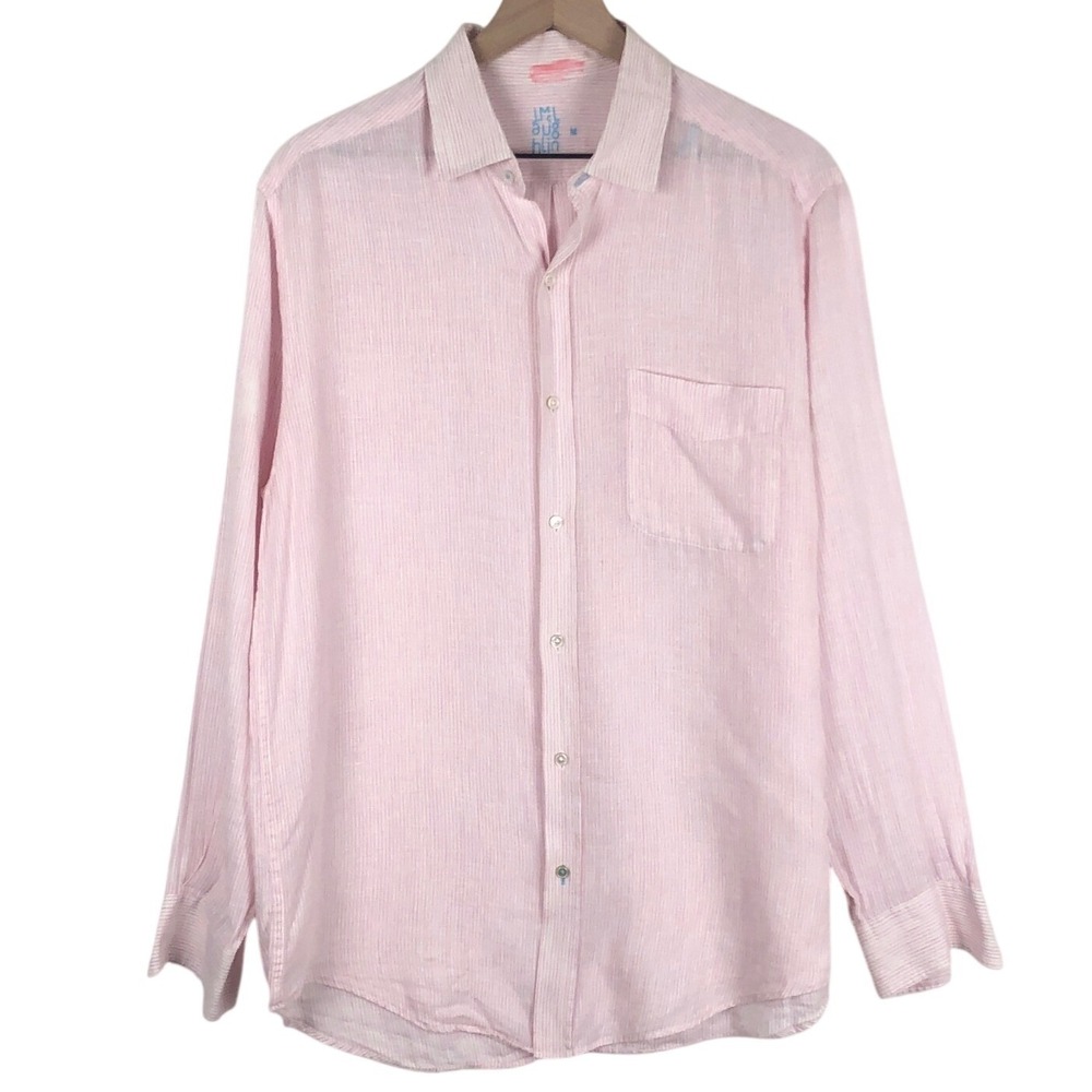 J.McLaughlin 100% Linen Button Up Shirt Women's M Pink Stripe L/S Beach Preppy